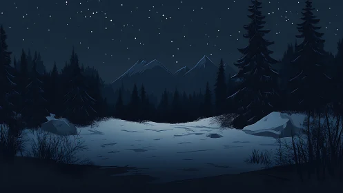Starlit winter clearing under distant mountain peaks.