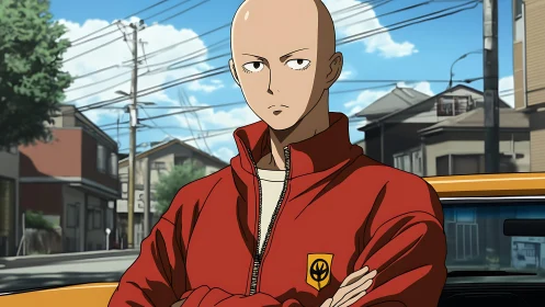 Stoic bald anime character in red jacket on city street.
