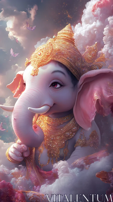 Regal pink elephant deity in clouds with ornate gold crown.