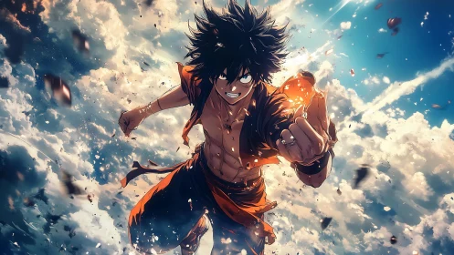 High-energy anime fighter soaring through dynamic cloudscape