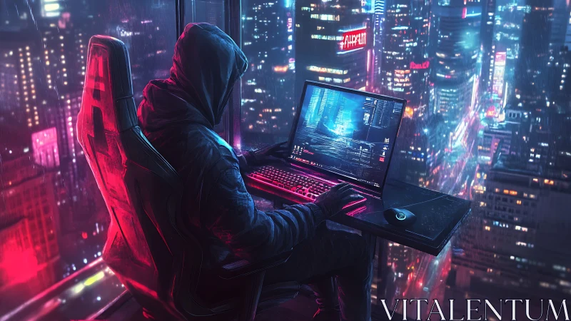 Hooded cyber-operator scripting intrusion above neon megacity.