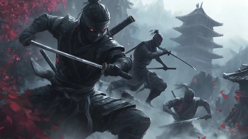 Shadow-clad ninjas strike through misty temple battleground.