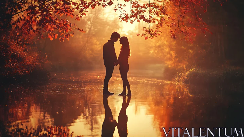 Silhouetted couple kissing beneath golden autumn foliage with water reflection.