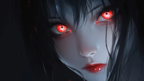 Scarlet-eyed anime girl stares through the darkness in silence