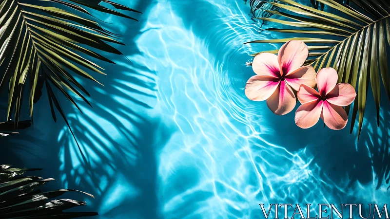 Pink Tropical Flowers Floating Over Azure Pool Water.