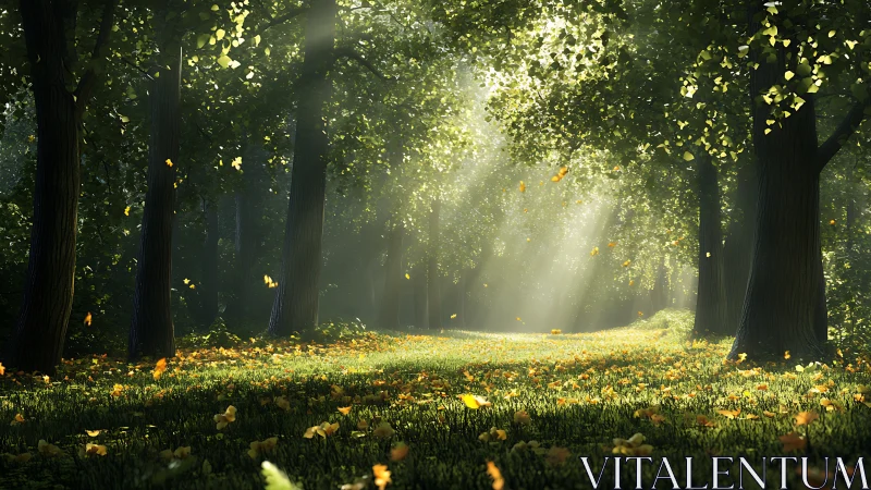 Sunlit Forest Path Where Golden Light Dances.