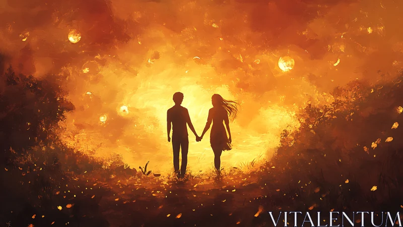 Two silhouetted figures holding hands against intense golden luminescence with atmospheric particle 
