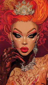 Regal queen in fiery glamour gazes boldly with jeweled grace