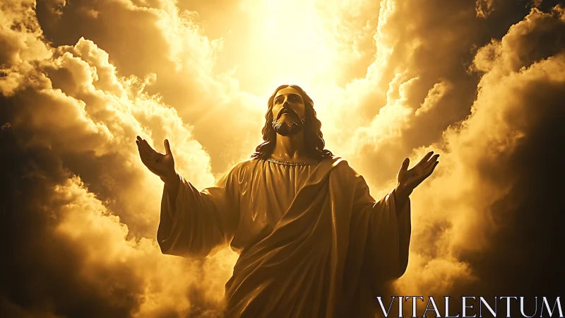 Radiant robed figure ascending amid golden heavenly light.