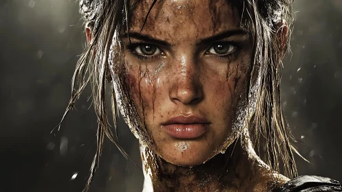 Mud covered woman stares directly ahead in sharp closeup.