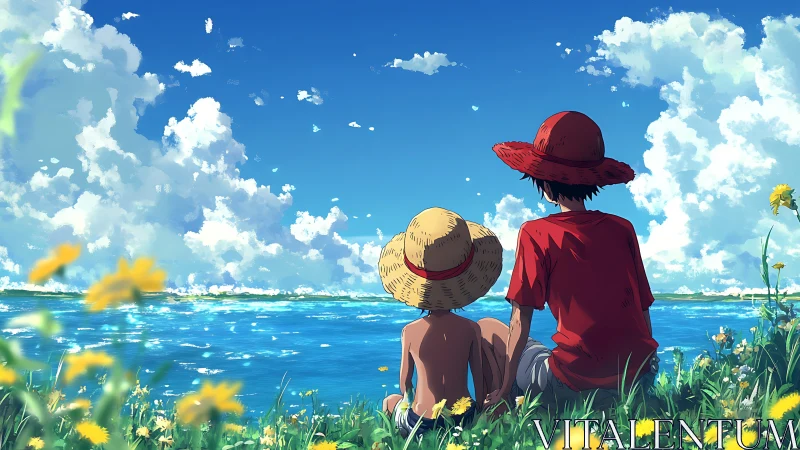 Anime seaside duo under straw hats watching summer sky.