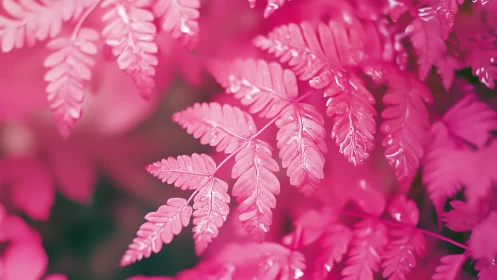 Close view of monochrome pink fern leaves in soft focus.