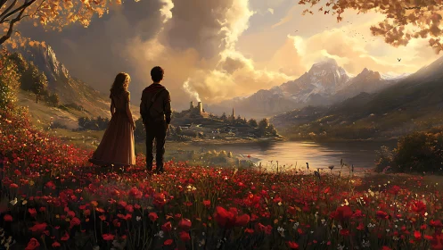 Two Souls Beneath Golden Clouds in a Valley of Crimson Blooms.