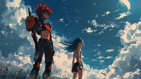 Two anime figures in open field under expansive sky.