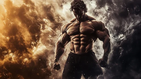 Stormlit bodybuilder stands powerful between fire and shadow