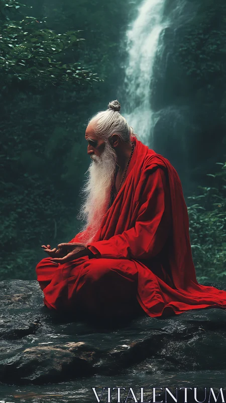 Crimson sage communes with waterfall silence in deep forest.