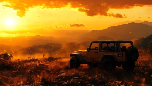Off-road SUV parked on sunlit mountain terrain at sunset
