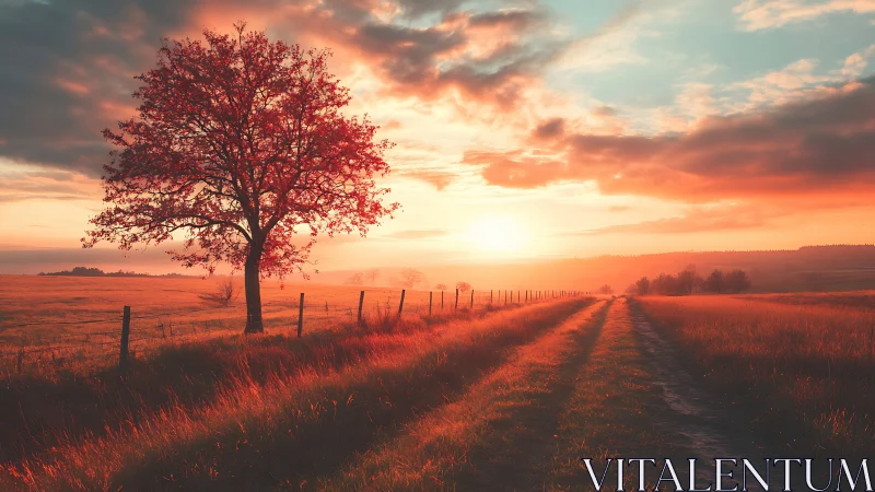 Lone country tree glows over sunlit dirt road at dusk.