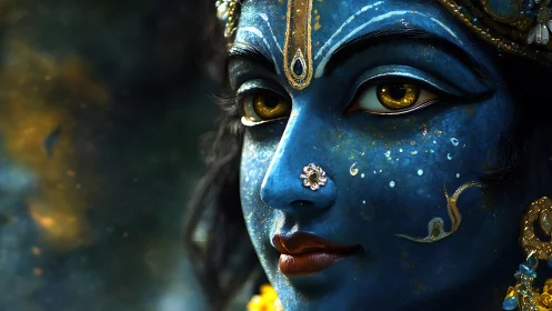 Starlit blue deity gaze shimmering with cosmic quiet grace.