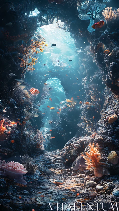 Vertical undersea canyon with corals and scattered fish life.