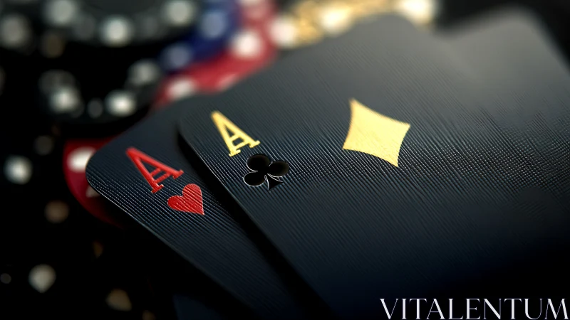 Macro view of textured black aces with gold and red inlay suits