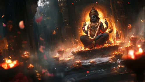 Divine fire deity enthroned in blazing temple interior.