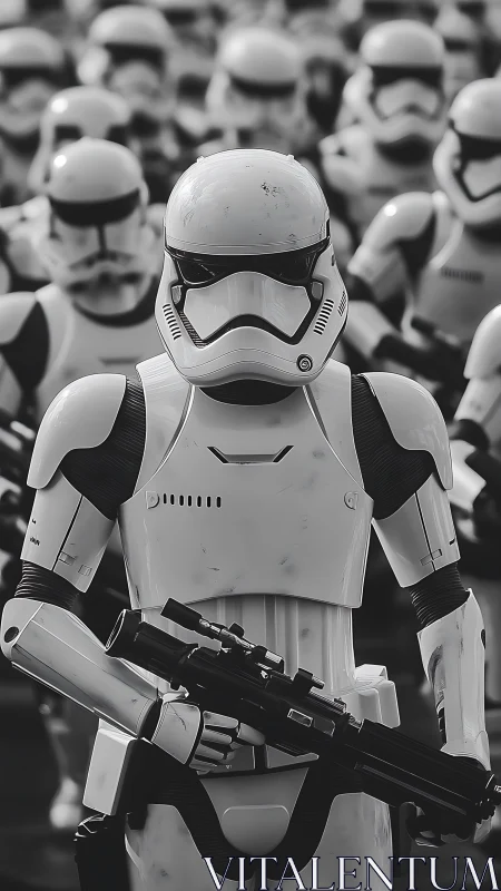 Armored sci fi soldier leads regiment in monochrome ranks.