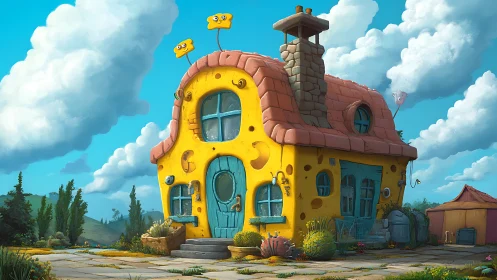 Sunny cheese cottage with playful charm under blue skies.
