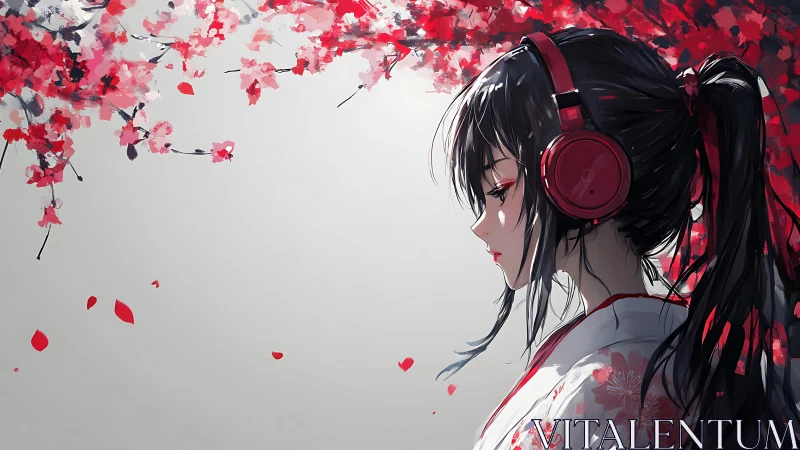 Anime girl with red headphones under cherry blossoms.