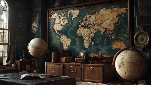 Cartographic study chamber with vintage globes and world map.