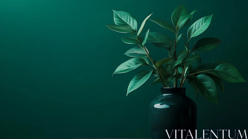 Emerald leaves rise from glossy vase in quiet velvety light.
