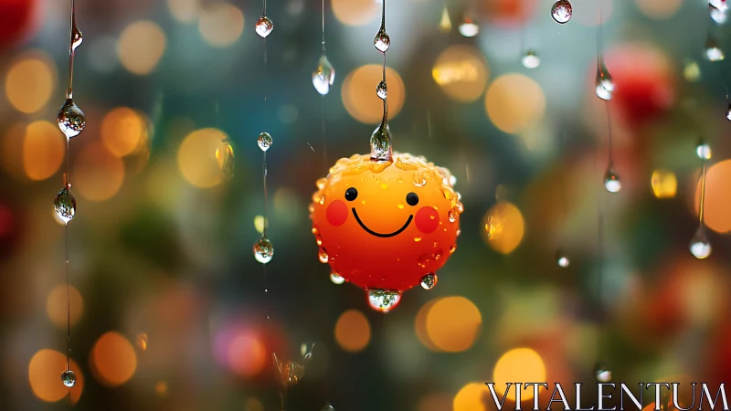 Smiling raindrop lantern drifting through bokeh twilight.