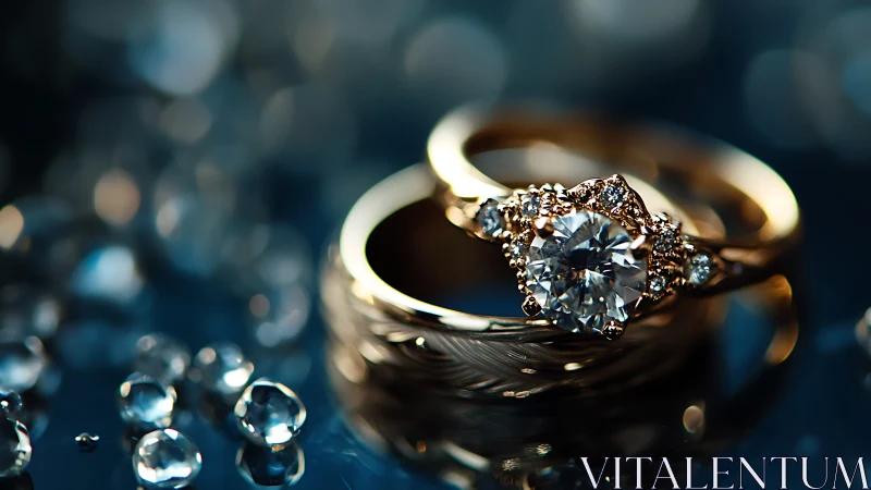 Diamond engagement ring sparkles amid golden wedding bands.