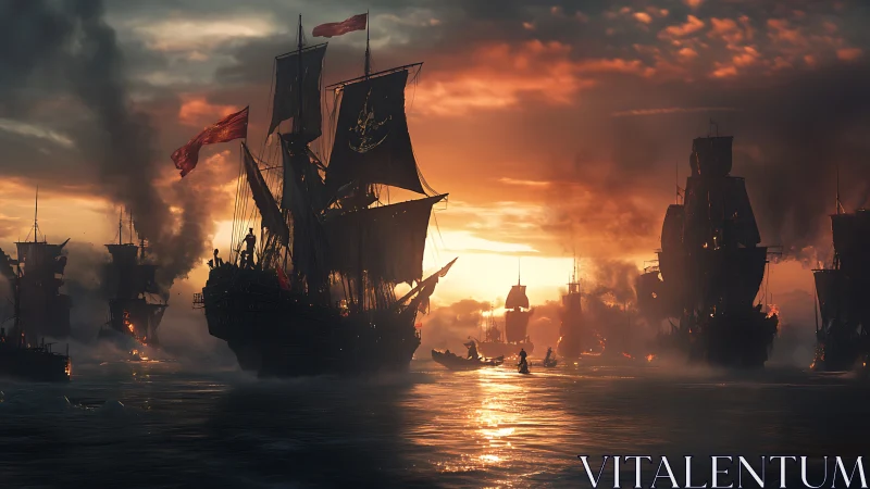 Fiery pirate armada sails through a stormy, burning sunset sea