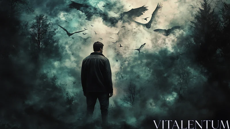 Solitary figure confronts stormy sky filled with dark birds.
