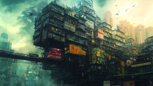 Cyberpunk megablock slumscape with stratified neon facades.