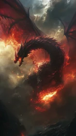 Infernal fire dragon coiled in storm lit volcanic sky.