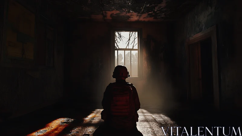 Cinematic backlit soldier in derelict interior composition.