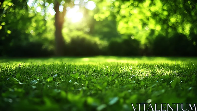 Sunlit grass glows softly beneath blurred green trees.