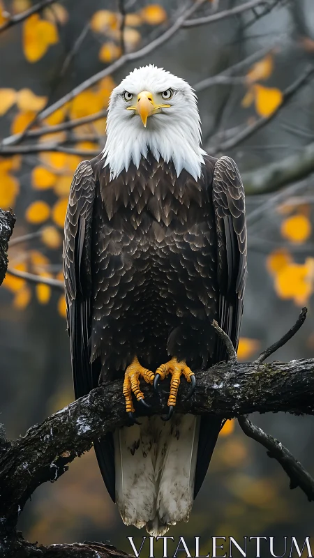 Bald eagle perched on autumn branch with intense gaze