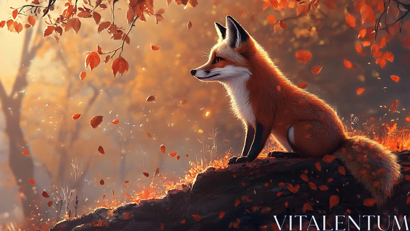 Red fox in glowing autumn forest with cinematic backlight.