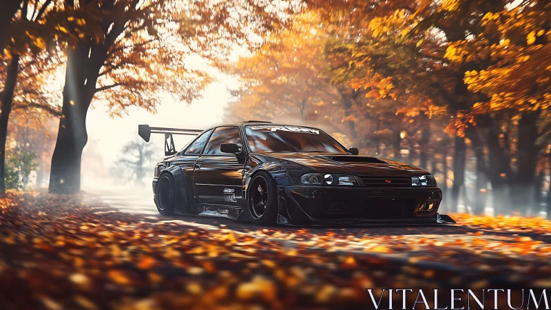 Widebody black tuner car on misty autumn forest road.
