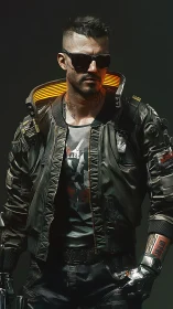 Cybernetic mercenary in glossy bomber jacket under neon rim light