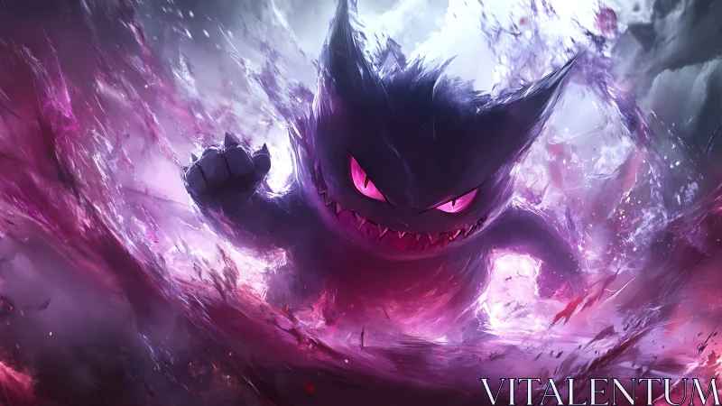 Ghostly creature erupts from swirling violet energy storm.