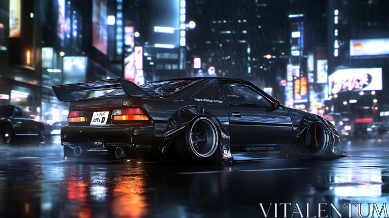 Widebody drift car renders under neon-lit rain with reflective shaders