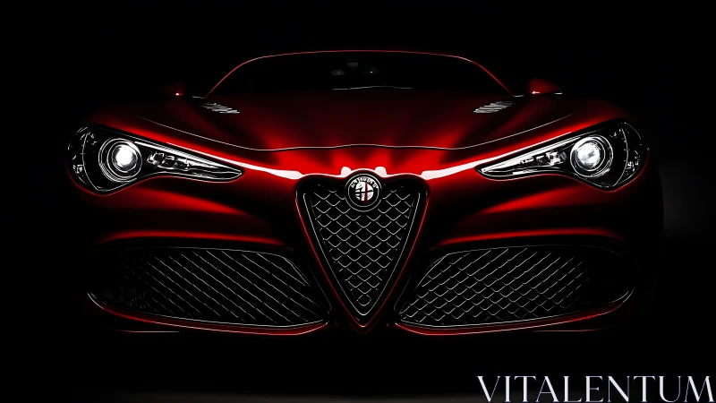 Glossy red sports car front glows against deep black background