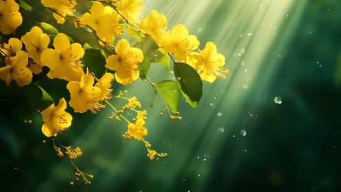 Sunlit Cascade: Yellow Blooms Dancing Through Emerald Mist