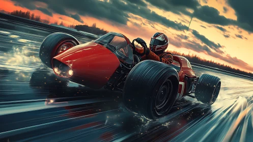 Retro-futuristic race car slashes through neon wet track at dusk.