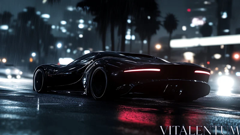 Midnight supercar glides through a rain-soaked neon city