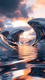 Chromed wave forms reflect a cinematic molten sunset sky